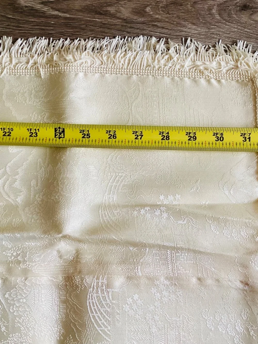 Vintage MCM Asian Scene Damask Brocade Tablecloth 8 Matching Napkins Set Fringe